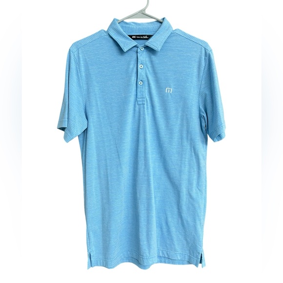 Travis Mathew Light Heather Blue White Stripe Polo Shirt Size Small - Picture 1 of 10